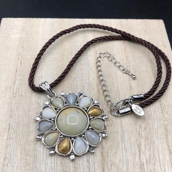 Cookie Lee Necklace Neutral Glass Stones Flower Pendant Brown Satin Cable Choker - Picture 3 of 6